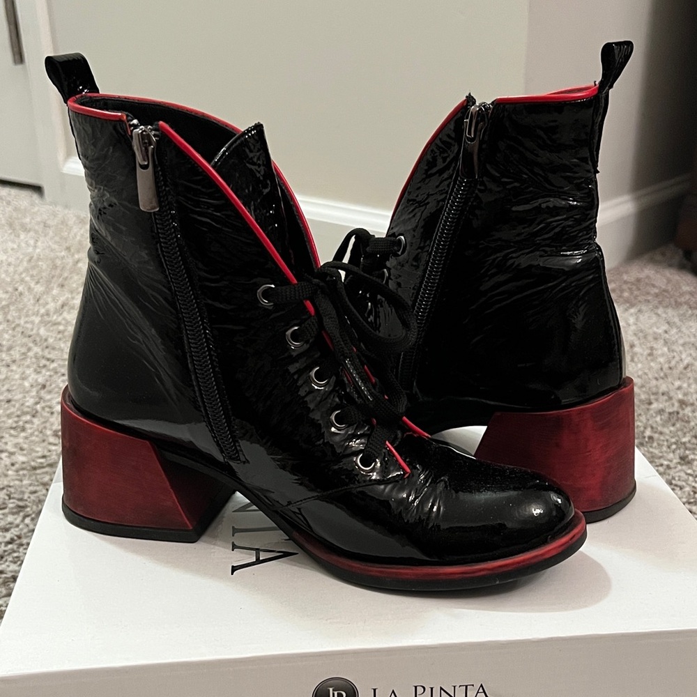 Black Patent Lace-Up Ankle Boots with Red Trim and Block Heel